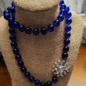 Ann Taylor Elegant Lapis Beaded Necklace with Crystal Flower